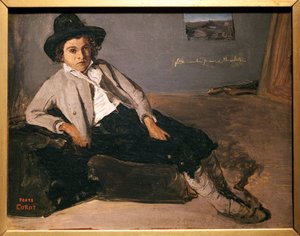 座っている若いイタリア人。ジャン・バティスト・カミーユ・コロー（1796-1875）の絵画、油彩・紙・マルフレ・キャンバス、1825-1827年頃。ランスの美術博物館。 作： Jean Baptiste Camille Corot