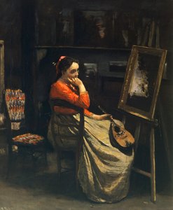 ジャン=バティスト・カミーユ・コロー（1796-1875）によるマンドリンを持つ若い女性（アトリエ・ラ・マンドリン） 作： Jean Baptiste Camille Corot