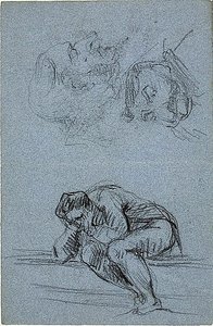 手に頭を乗せた坐像と2つの戯画（レクト）；ルネットの中の4人の人物（裏面）