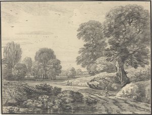 樹木が茂った風景の中の道を旅する人 作： Jean Baptiste Claude Chatelain