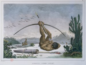 1839年に出版されたボヤージュピトレスクエヒストリックオウブレジルの弓矢を持つインディアンの狩猟鳥