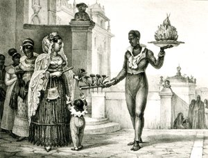 教会のドアの外にある花の売り手、「絵のような歴史的なブラジルへの旅」から、 作： Jean Baptiste Debret