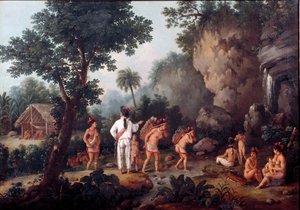 奴隷制度、「奴隷狩り」奴隷商人に連れ去られるインディアンの家族(ブラジルから？)。Jean Baptiste Debret (1768-1848)の作品。油彩・キャンバス。ブラジル、サンパウロ美術館蔵