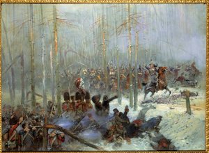 1812年のロシアのキャンペーン。"Charge of the 7 battleship of Colonel Dubois at the Berezina (Beresina) on 11/28/1812 in Russia" Jean-Baptiste-Edouard (Jean Baptiste Edouard) Detaille (1848-1912) の絵画 19世紀。パリ、アルミー美術館 作： Jean Baptiste Edouard Detaille