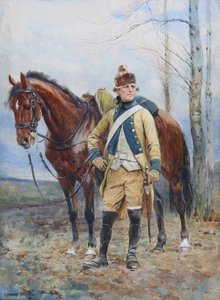 1967年の1763-1766年のレジオンドフランドルの竜騎兵（紙と紙とガッシュ） 作： Jean Baptiste Edouard Detaille