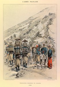 ジュール・リシャール大尉のフランス軍の種類と軍服、エドゥアール・ディテール（1848-1912）が描いたもの。1886年に隊列を組むティライユ族の人々、個人蔵 作： Jean Baptiste Edouard Detaille