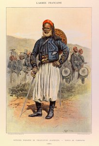 ジュール・リシャール大尉のフランス軍の種類と軍服、エドゥアール・ディテール（1848-1912）の図解。1886年、野戦服を着たアルジェリア・チュニオールのネイティブ・オフィサー、プライベート・コレクション 作： Jean Baptiste Edouard Detaille