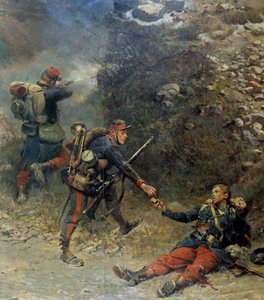 1870年の戦争"The bottom of the giberne" シャンピニーの戦い（1870年11月11日）で、負傷した歩兵が仲間に最後の投擲物を渡す。ジャン＝バティスト＝エドゥアール・ディテール（1848-1912）とアルフォンス・ド・ヌーヴィル（デネヴィ