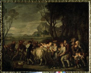 """Le premier sillon"" (最初の畝) 耕し始めに掘られた最初の畝をたどる際に組織される農民の祭り。 Jean Baptiste Greuze (1725-1805) による絵画 1801年 プーシキン美術館、モスクワ 作： Jean Baptiste Greuze