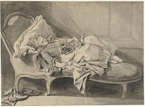 犬と寝椅子に座るグルーズ夫人 作： Jean Baptiste Greuze