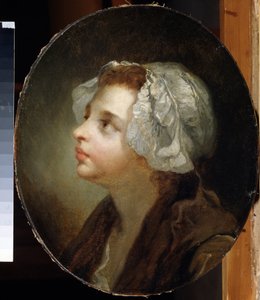 ""若い女の子の肖像""彼女は頭にスカーフを巻いています. Jean Baptiste Greuze (1725-1805) による絵画、地域美術館、チェルニゴフ (Chernihiv または Chernigov) ウクライナ 作： Jean Baptiste Greuze