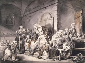 学校の先生 par Greuze, Jean-Baptiste (1725-1805).ペン、筆、灰色と茶色の色、水彩、紙、サイズ：27,8x33,8、約1764-1765年、サンクトペテルブルク、エルミタージュ美術館