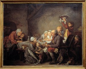 王のケーキ エピファニーの祝宴でケーキを分け合う家族。ジャン・バティスト・グルーズ（1725-1805）による絵画 1774年 日0,72x0,91 m モンペリエ musee Fabre