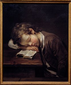 怠け者の小僧。本に袖を通した少年の肖像。ジャン・バティスト・グルーズ（1725-1805）の絵画