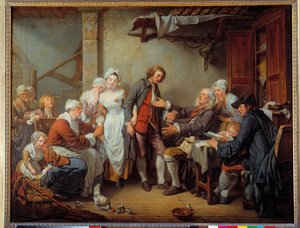 村のアコーディオン 花嫁の父が義理の息子にドテを渡す。ジャン・バティスト・グルーズ（1725-1805）の作品。1761年日。0.92 x 1.17 m。