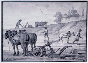農業：耕す場面。ジャン・バティスト・ヒューエ（1745-1811）による素描 18世紀 パリ、ルーヴル美術館