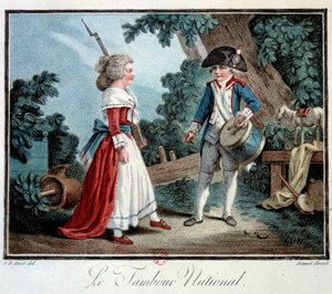 フランス革命。"Le tambour national" 2人の幼い子供が革命家に扮している。ジャン・バティスト・ユエ（1745-1811）によるリトグラフ 18世紀 パリ 装飾美術 作： Jean Baptiste Huet