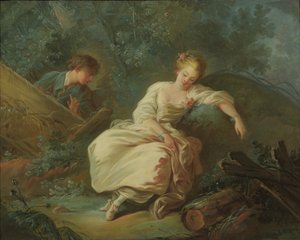 風景の中の若いカップル 作： Jean Baptiste Huet