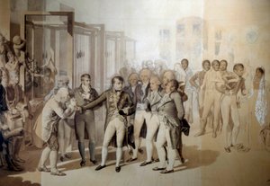ナポレオン・ボナパルト（1769-1821）、第一執政官、ジョゼフィーヌ・ド・ボーアルネの同席のもと、ルーアンのセヴェンヌ兄弟のベルベット工場を訪問、1802年11月 ジャン・バティスト・イサビー（1767-1855）のウォッシュでのデッサン 1804年 Sun.1,24x1,76 m ヴェルサイユ、ミュー 作： Jean Baptiste Isabey