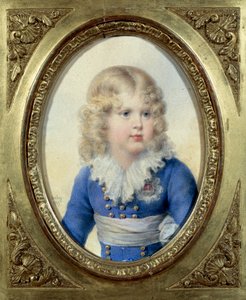 ローマの王とパルマの王子 ライヒシュタット公爵ナポレオン2世（1811-1832） 皇帝ナポレオン1世（1769-1821）の息子 青いドレスを着ている」 水彩画 ジョン・バティスト・イサビー（1767-1855） 1815 Sun.0.1x0.14 m マルメゾン、城の博物館 作： Jean Baptiste Isabey