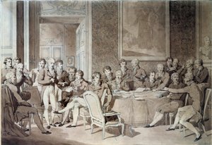 1814年のパリ条約に続いて行われたウィーン会議（1814-1815）。ナポレオン1世の帝国崩壊後、世界の8大国を再統合し、国境を再定義しようとした。ロシア皇帝アレクサンドル1世、カスレアーグ家のH.R.スチュワート、フランソワ・ジョセフ1世。 作： Jean Baptiste Isabey