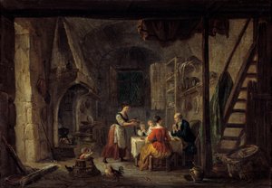 ベネディシテ 農民の家族の食事風景、祈りの言葉。ジャン・バティスト・ラレマン（1710-1803）の絵画 18世紀 ブール・アン・ブレス、ブロー美術館蔵