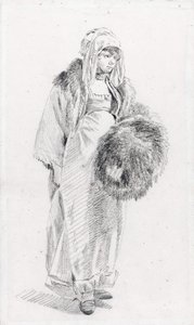毛皮のマフを持つロシア人女性 par Le Prince, Jean-Baptiste (1734-1781), Between 1758 and 1761 - 紙に黒チョーク, 22,9x13,8 - Private Collection