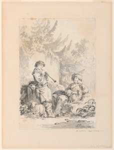 風景の中の羊飼いの少年と羊飼い 作： Jean Baptiste Le Prince