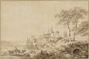 要塞化された町の前の風景の中の羊飼い 作： Jean Baptiste Le Prince