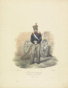 ガンナー、1820-1825 Nederlandsche Infanterie Artillerie Nat.le Mil.tie Kanonnier (オブジェクトのタイトル) オランダ王国の軍服。 ウィレム・ヴァン・バイランド閣下に捧げる (オブジェクトのシリーズタイトル) 作： Jean Baptiste Madou