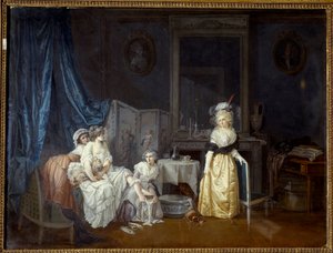トイレ乙女たちの助けを借りて若い女性がお風呂に入るところです。ジャン・バティスト・マレットによる絵画