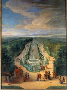 ヴェルサイユ庭園のアンティーク・ギャラリーの木立ちの眺め ジャン=バティスト・マルタン（長老）（1659年～1735年）による絵画 1688年頃の日。2x1,4 m Versailles, musee du chateau 作： Jean Baptiste Martin