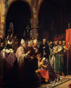 国王ルイ7世（1120年～1180年）は、アキテーヌ王妃アリエノールの立ち会いの下、サン・ドニ大聖堂でオリフレームを手にし、出発前に教皇ウジェーヌ3世(? -1153)の手からマルハナバチとペレリンのパンネティエールを受け取る。 作： Jean Baptiste Mauzaisse