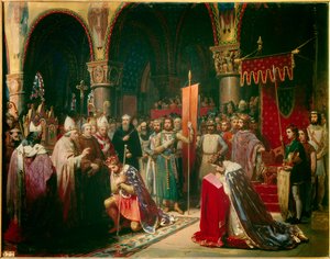 国王ルイ7世（1120年～1180年）は、アキテーヌ王妃アリエノールの立ち会いの下、サン・ドニ大聖堂でオリフレームを手にし、出発前に教皇ウジェーヌ3世(? -1153)の手からマルハナバチとペレリンのパンネティエールを受け取る。 作： Jean Baptiste Mauzaisse