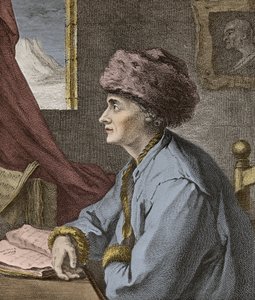 Jean Jacques Rousseau フランスの作家および 1765 年にヌフシャテルで哲学者 J.B. ミシェルによって刻まれた - ジャン ジャック ルソー (ジャン ジャック) の肖像画 J.B. ミシェルによる 1765 年のヌフ シャテルの彫刻 作： Jean Baptiste Michel