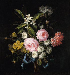 青いリボンで結んだカモミール、バラ、オレンジの花、カーネーションの花束 作： Jean Baptiste Monnoyer