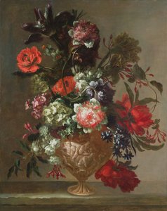 彫刻された花瓶に花の静物 作： Jean Baptiste Monnoyer