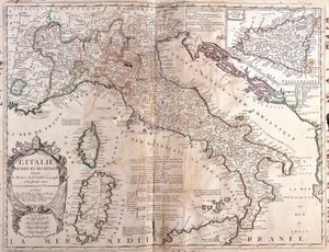 コルシカ島、サルデーニャ島、シチリア島を含むイタリアの地図（エングレーヴィング 作： Jean Baptiste Nolin