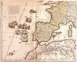 西地中海諸国の地図です。フランス、スペイン、ポルトガル、北アフリカ（モロッコ、アルジェリア、チュニジア）、バレアレス諸島、コルシカ島、サルデーニャ島を含む（エッチング