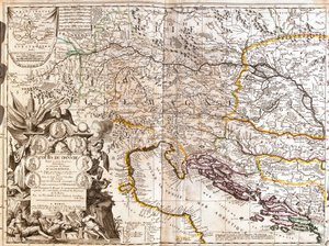 ドイツにおけるドナウ川の流れの地図（エングレービング 作： Jean Baptiste Nolin