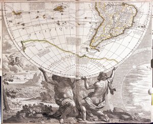 二人の男が地球のゴベを支え、南米の地図を持つ（エッチング 作： Jean Baptiste Nolin