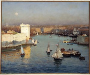 Jean Baptiste Olive (1848-1936) によるファロの絵画からのマルセイユの旧港の眺め。 50x73 cm 必須の言及: コレクション財団は、マルセイユのプロヴァンスに敬意を表します 作： Jean Baptiste Olive
