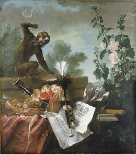 空気の寓意：サルが泡を吹く、ミューゼット、フルート、楽譜のある音楽の静物 作： Jean Baptiste Oudry