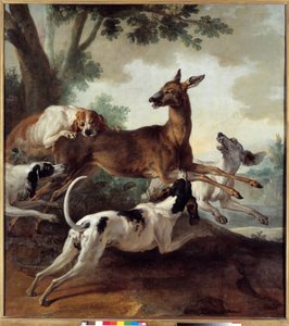 犬に追われる鹿。狩猟のシーン。ジャン・バティスト・ウードリ（1686-1755）の絵画 作： Jean Baptiste Oudry