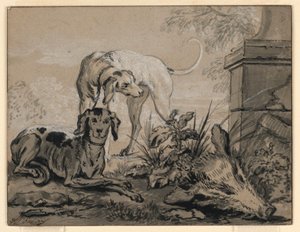 ドローイング『狩りの後：イノシシの頭の横にいる2頭の猟犬』1740年 作： ジャン・バプティスト・オードリー