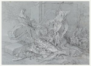 素描《魚とオウムのいる静物》1740年 作： ジャン・バプティスト・オードリー