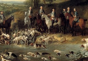 サン・ジェルマンの森で鹿狩りをするルイ15世（1730年） 詳細ジャン・バティスト・ウードリ（1686-1755）の絵画 1730年 トゥールーズ、オーギュスタン美術館 作： Jean Baptiste Oudry