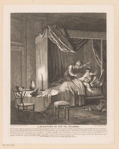 男性は、彼の上で空になった室内用ポットに驚いて目を覚ましています Lavanture du pot de chambre (オブジェクトのタイトル) スカロンのロマンコミックのワンシーン（シリーズタイトル）