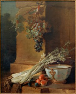 フルーツ、セロリ、ポーのボウルを使った静物画 作： Jean Baptiste Oudry