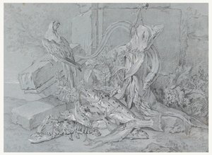 魚とオウムのある静物 作： Jean Baptiste Oudry